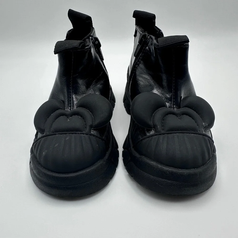 Zara Kids Disney Mickey Mouse Black Glossy Ankle Boots Chunky Lug Sole 21‎